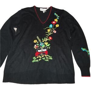 Vintage Black Embroidered Sweater size Medium Happy Lady bug Flowers Floral RARE